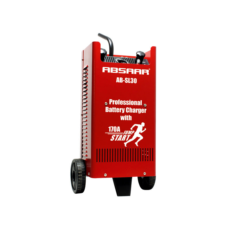 Absaar, professionele acculader 12V/24V 30A met startondersteuning 170A - transportabel met handgreep en wielen