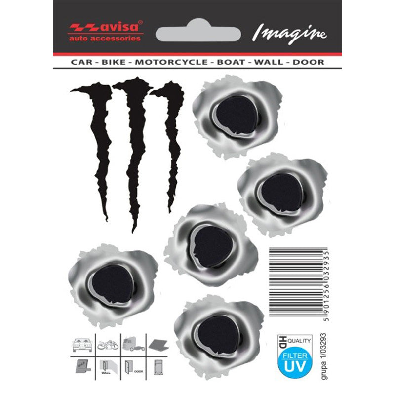 Avisa, autocollant trou de balle et autocollant Monster - Noir/Métal - 3,5x3,5 cm & 4,5x6,5 cm