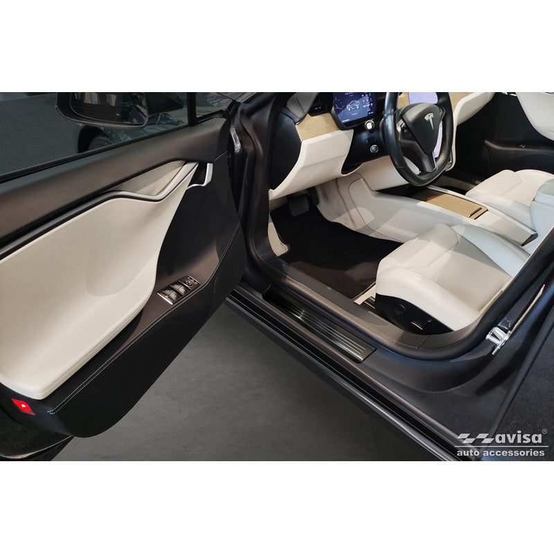 Avisa, Door Sill Protectors, Black, Stainless Steel, Fits Tesla Model S 2012-2016 & Facelift 2016- 'Lines' - 4 pieces