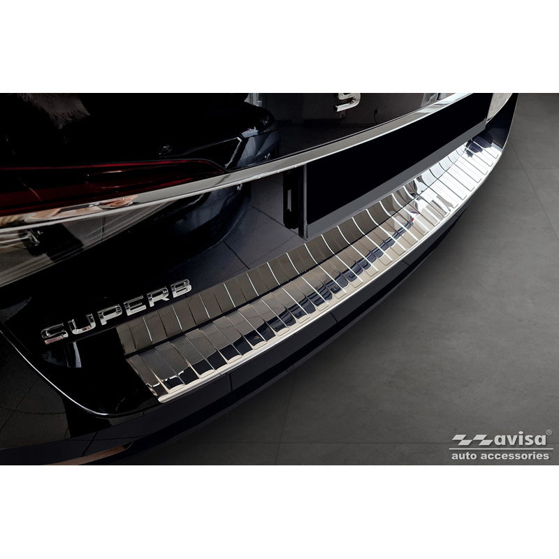 Avisa, Rear bumper protector, polished, stainless steel, fits Skoda Superb Combi 2015-2019 incl. Facelift 2019-2024 & Scout 'Ribs'