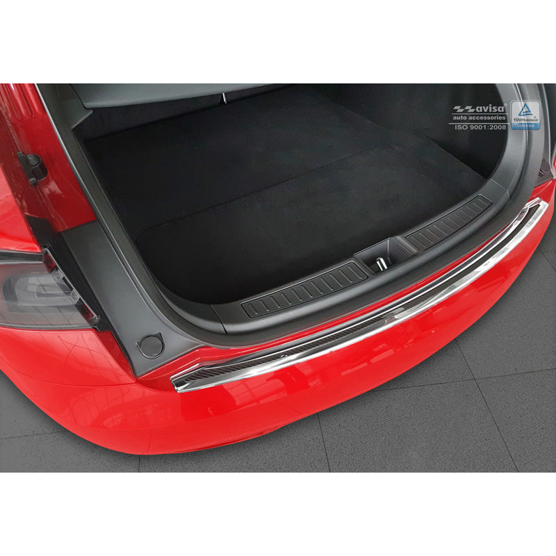 Avisa, Rear Bumper Protector, DeLuxe, Stainless Steel, fits Tesla Model S 2012-2016 & Facelift 2016- Chrome/Black Carbon