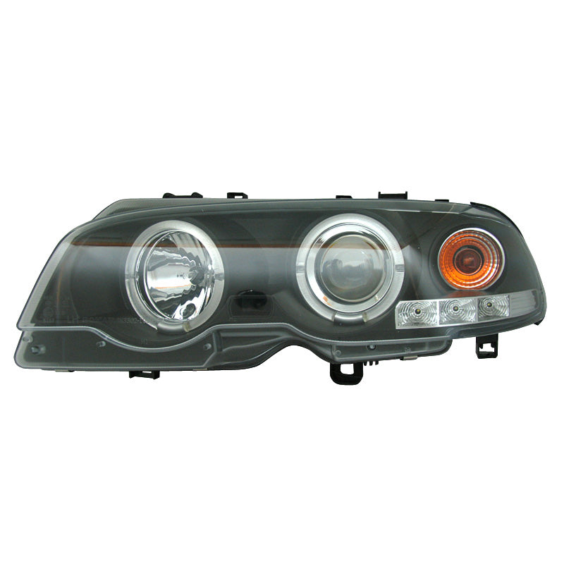 Headlights, fits BMW 3-Series E46 Coupe/Convertible 1999-2002 - black - incl. Halos