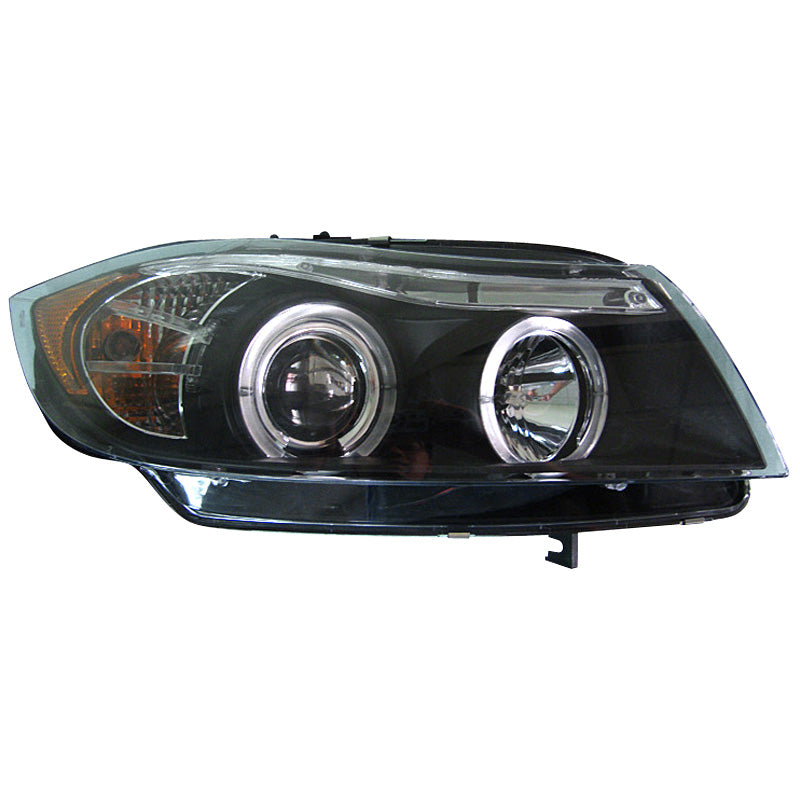 Headlights, fits BMW 3-Series E90/E91 Sedan/Touring 2005-2008 - black - incl. Halos