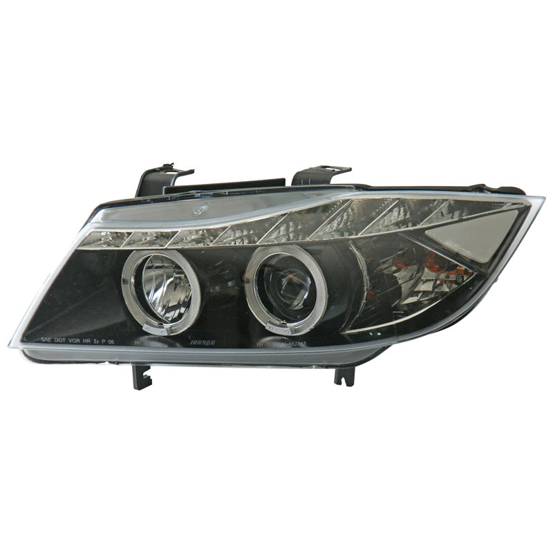 Headlights, DRL-Look fits BMW 3-Series E90/E91 2005-2008 - black - incl. Indicators & Halos