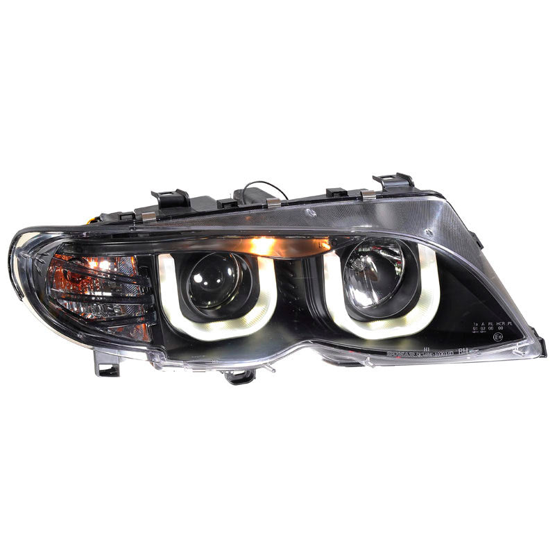 Headlights, DRL-Look fits BMW 3-Series E46 Sedan/Touring 2002-2005 - black - incl. levelling motor