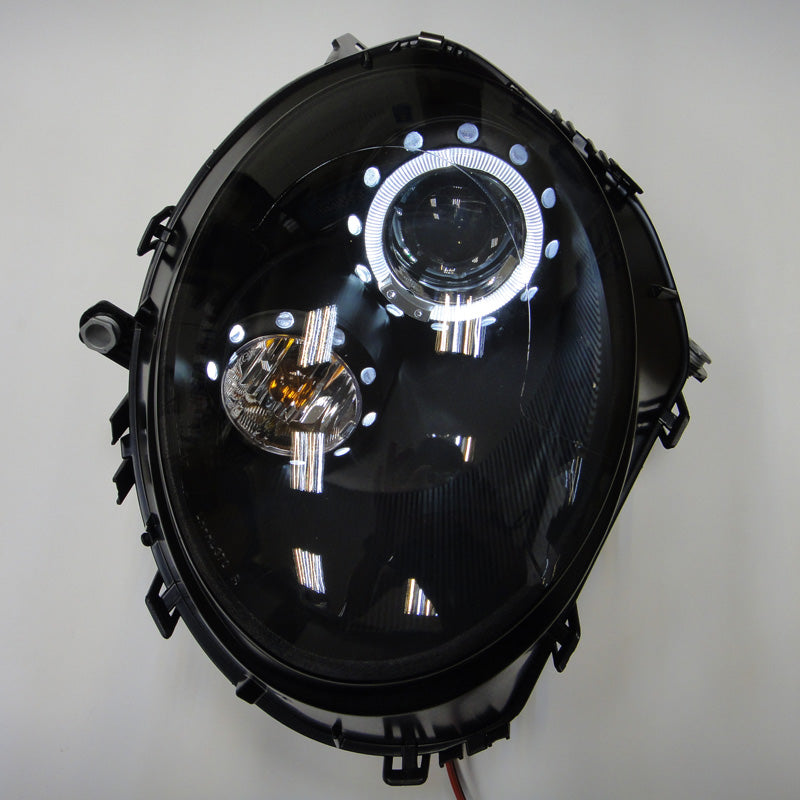 Headlights, fits BMW New Mini R55-R57 2006-2010 - black - incl. Halos & Leveling Motor