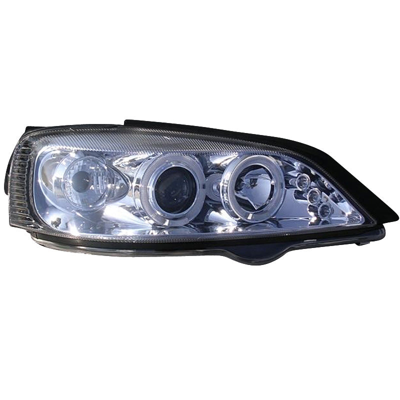Headlights, fits Opel Astra G 1998-2003 - Chrome - incl. Halos - Type 2