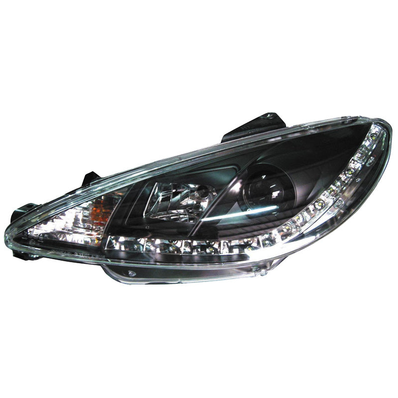 Headlights, DRL look fits Peugeot 206 1998- incl. GTi - black