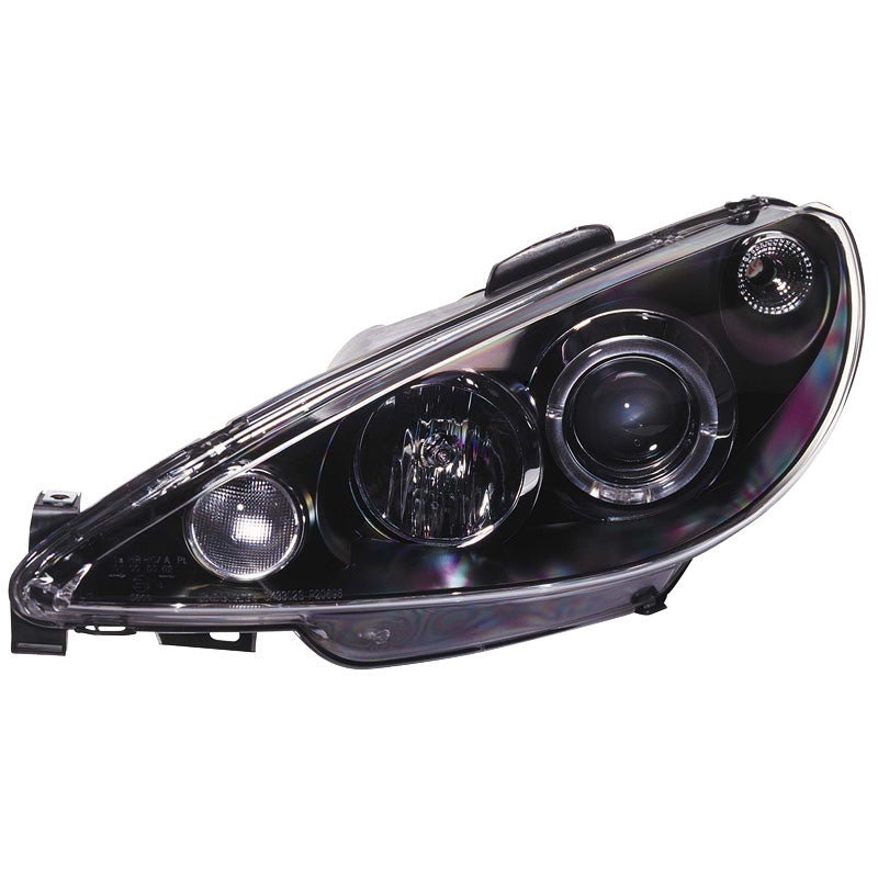 Headlights, fits Peugeot 206 1998-2002 excl. GTi - black - incl. Halos