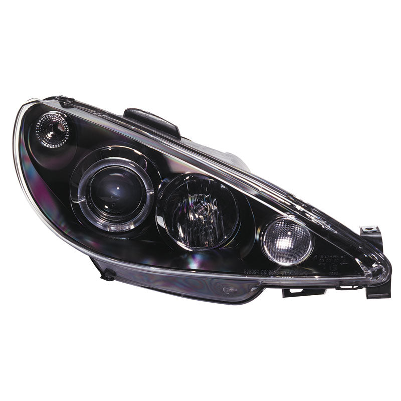 Headlights, fits Peugeot 206 2002- incl. GTi 1999- - black - incl. Halos