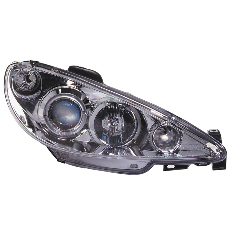 Headlights, fits Peugeot 206 2002- incl. GTi 1999- - Chrome - incl. Halos