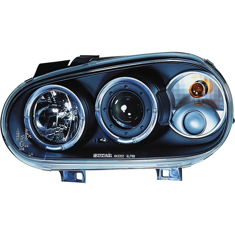 Headlights, fits Volkswagen Golf IV 1998-2003 - black - incl. Halos