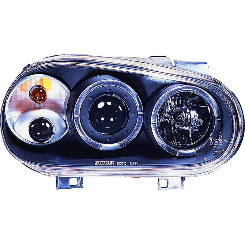 Headlights, fits Volkswagen Golf IV 1998-2003 - black - incl. Halos & Fog lights