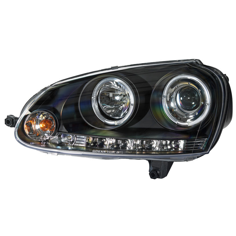 Headlights, fits Volkswagen Golf V 2003-2008 - black - incl. Halos