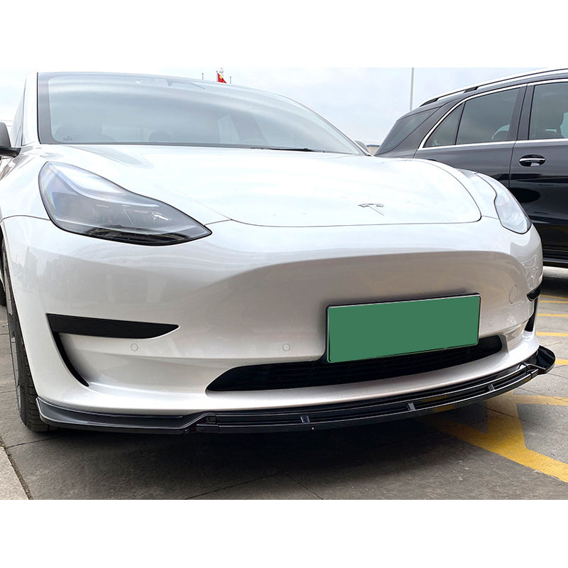 AutoStyle, Front spoiler lip set, Fits Tesla Model 3 (2017-2024), Glossy black ABS, 3-piece