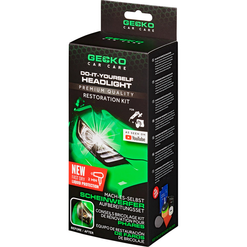 Gecko, Kit de rénovation pour phares de voiture - kit complet de nettoyage et de protection