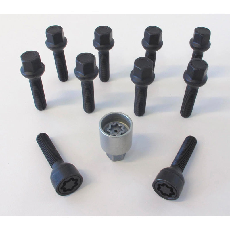 H&R, Wheel bolt Set Round-Head R12 M12x1.50 - length 55mm - Black - 10 pcs. (e.g., fits Mercedes) - incl. wheel-locks