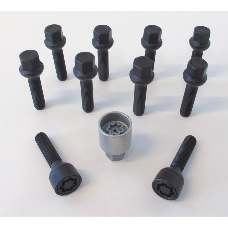 H&R, jeu de boulons de roue à tête arrondie R12 M12x1.50 - longueur 60mm - noir - 10 pcs. (par ex. convient à Mercedes) - incl. antivols de roue