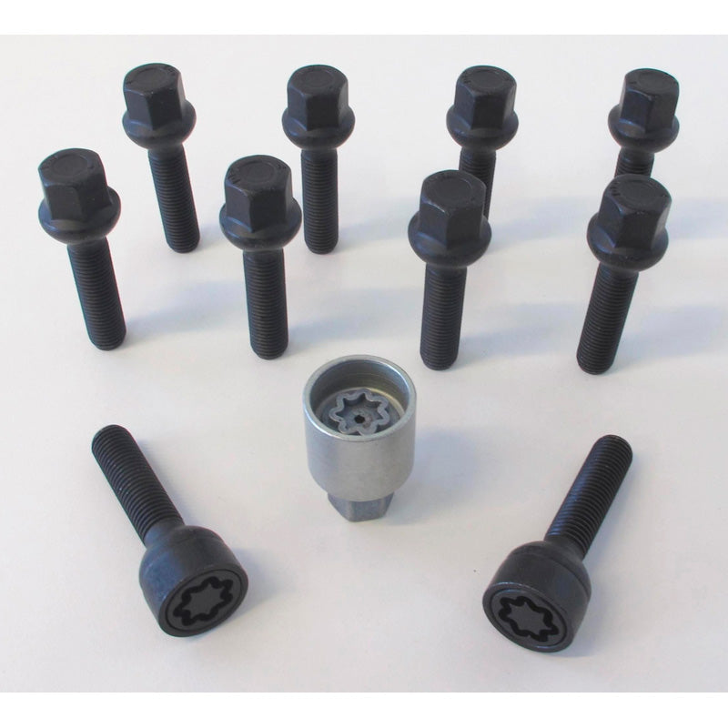 H&R, Wheel bolt Set Round-Head R13 M14x1.50 - length 33mm - Black - 10 pcs. (, fits e.g. VAG) - incl. wheel-locks