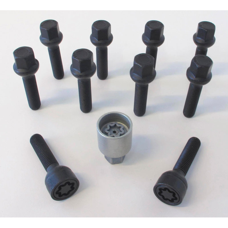 H&R, Wheel bolt Set Round-Head R13 M14x1.50 - length 38mm - Black - 10 pcs. (, fits e.g. VAG) - incl. wheel-locks