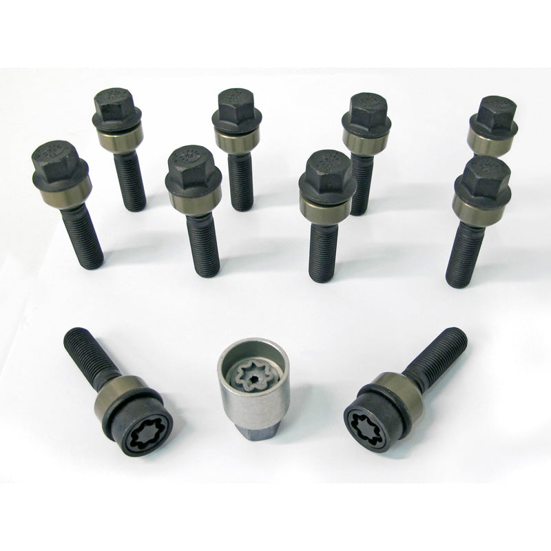 H&R, Wheel bolt Set Round-Head with movable cone R14 M14x1.50 - length 74mm - Black - 10 pcs. (e.g., fits Porsche) - incl. wheel-locks