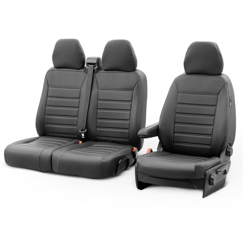 otoM, New York Design stoelhoezen in lederlook 2+1 - Zwart met grijze stiksels - past op Volkswagen T6 2015-2022