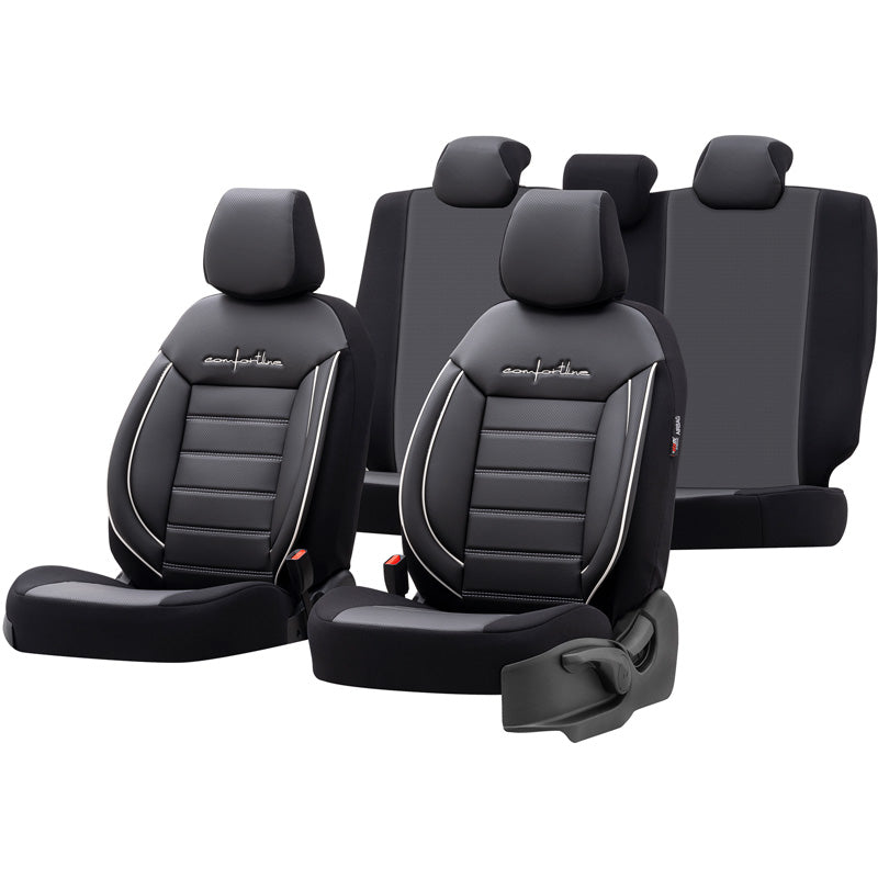 otoM, Universal Seat Cover Set 'Comfortline' - Black/Grey with White Trim - 11 Pieces - Side Airbag Compatible