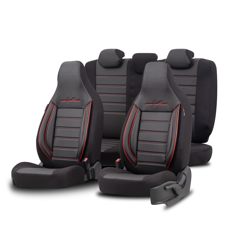 otoM, Universal Seat Cover Set 'CityBug' - Black/Red - 9 Pieces - Airbag Compatible
