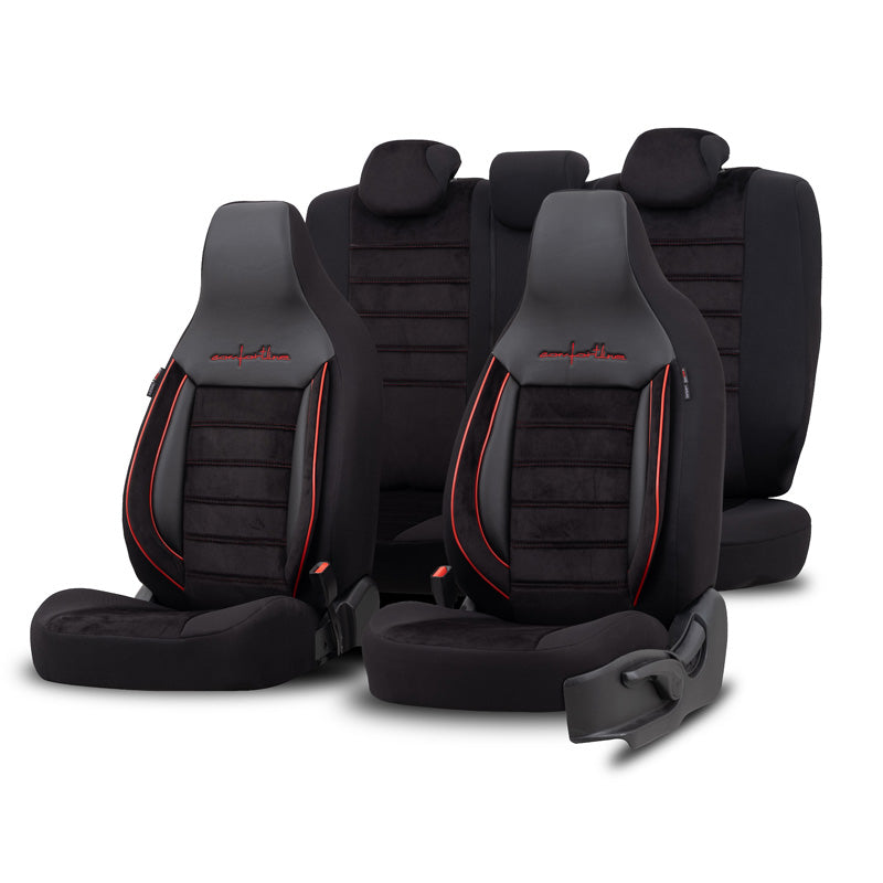 otoM, Universal Seat Cover 'CityBug' - Comfort Line - Black/Red - 9 Pieces - Side Airbag Compatible