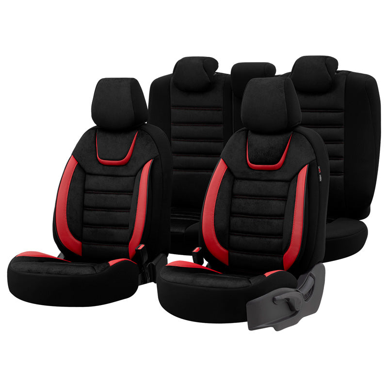 otoM, Universal Seat Cover Set - Suede/Leather/Fabric - Black/Red - 11 Pieces - Side-Airbag Compatible