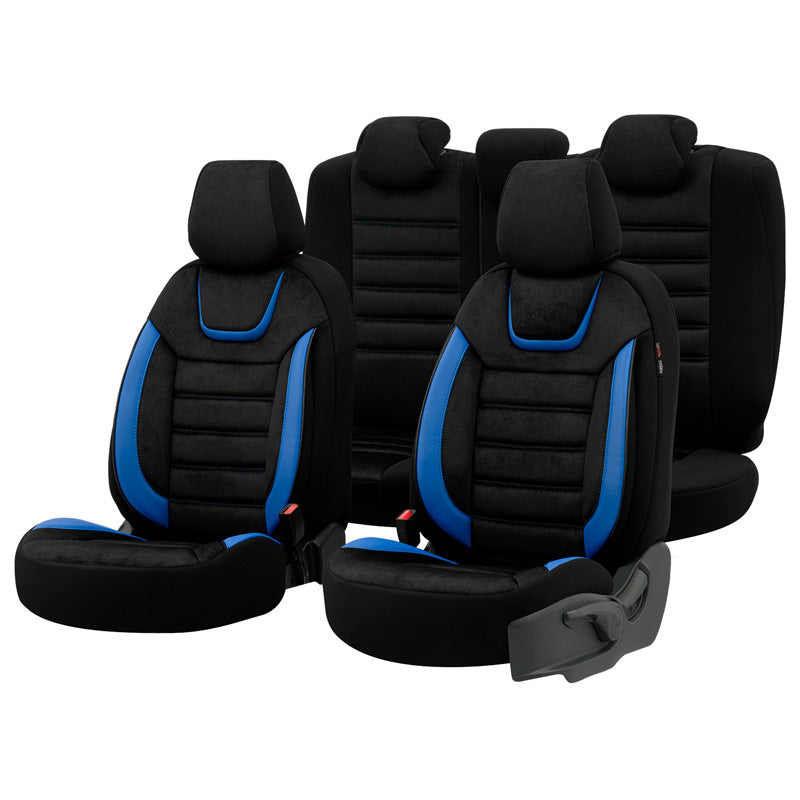 otoM, Universal Seat Cover Set - Suede/Leather/Fabric - Black/Blue - 11 Pieces - Side Airbag Compatible