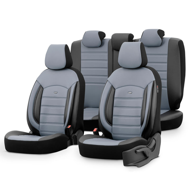 otoM, Universal Full Leather Seat Covers 'Inspire' - Black/Grey - 11 Pieces - Side-Airbag Compatible