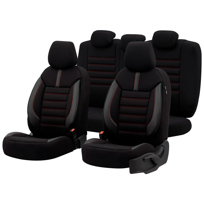 otoM, Universal Seat Cover Set 'Limited' - Black with Red Stitching - 11 Pieces - Side-Airbag Compatible