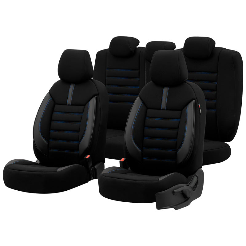 otoM, Universal Seat Cover Set 'Limited' - Black with Blue Stitching - 11 Pieces - Side-Airbag Compatible