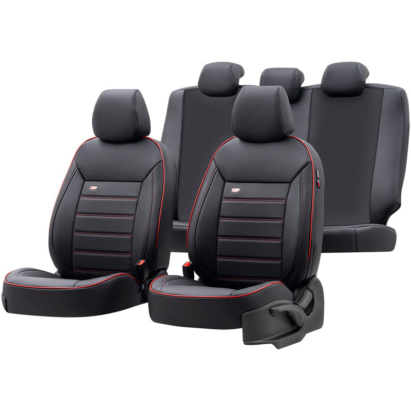 otoM, premium stoelhoezen van leer - zwart met rode details - 11-delig - compatibel met zij-airbag