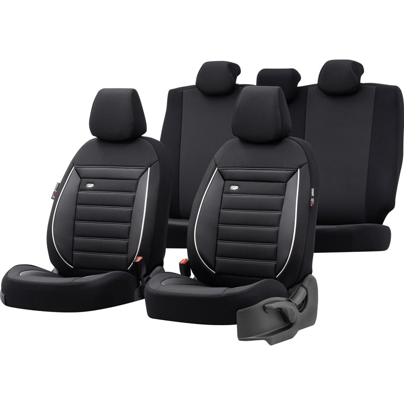 otoM, Universal Seat Cover Set 'Prestige' - Black/Grey with White Piping - 11 Pieces - Side-Airbag Compatible