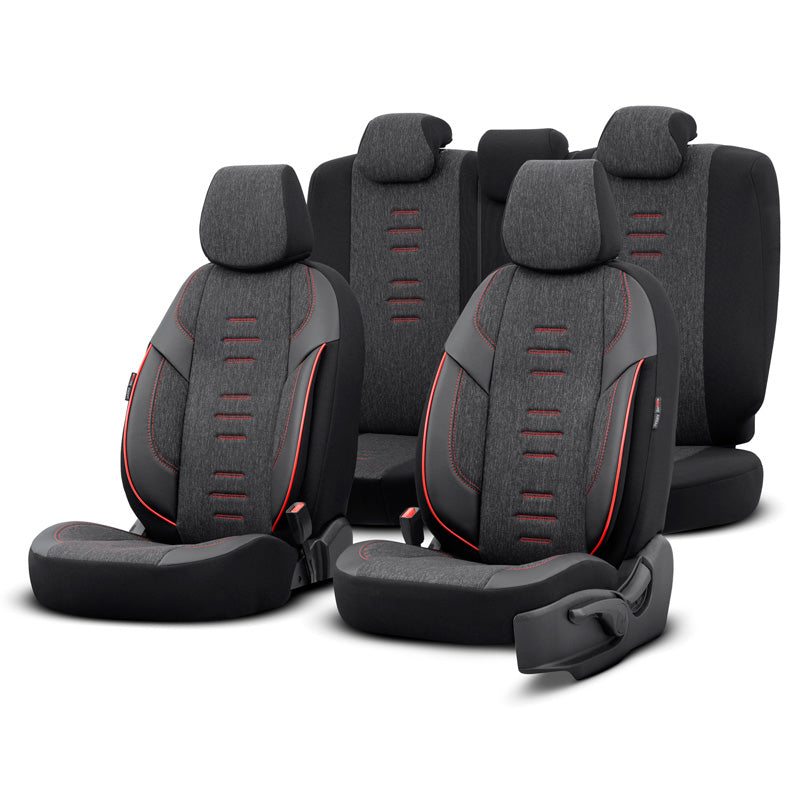 otoM, Universal Seat Cover Set 'Throne' - Black/Gray/Red - 11 pieces - Side-Airbag Compatible