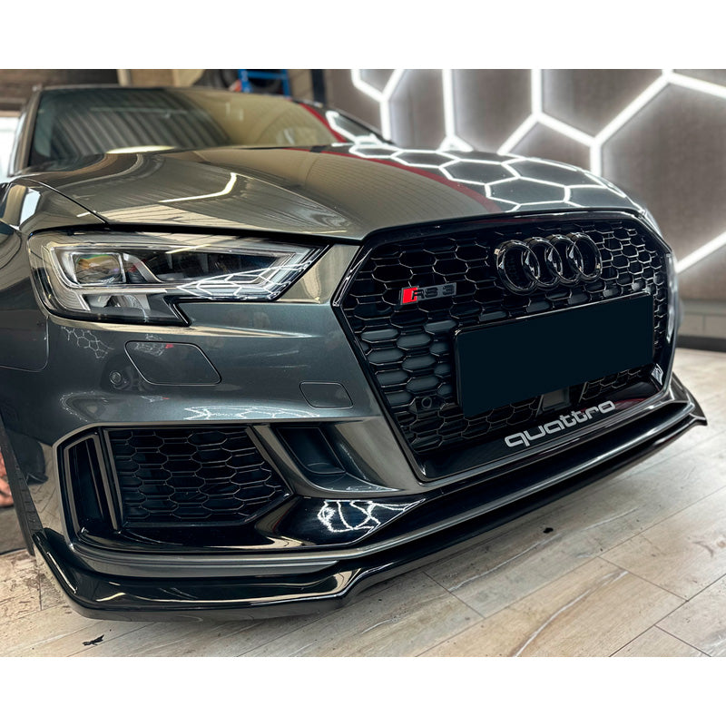 OneWay, Front spoiler, Glossy black, Fits Audi RS3 8V Sedan/Sportback Facelift (2017-2020)