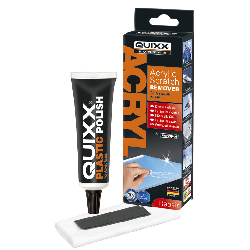 QUIXX, High-Performance Scratch Remover Kit for Acrylic Glass - 50g polish/1 cloth/2 sandpaper strips