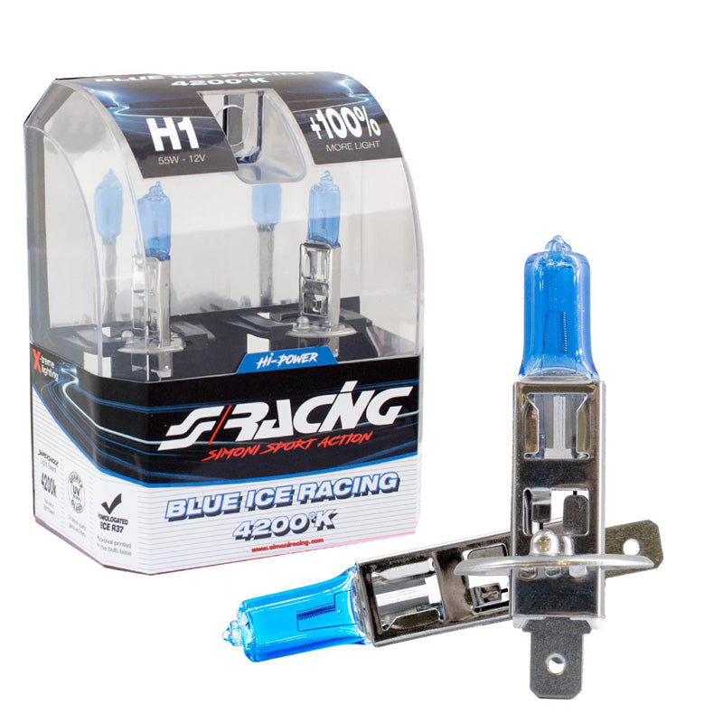 Simoni Racing, ampoules halogènes 'Blue Ice Racing' H1 (4200K) 12V/55W - lot de 2 pcs. ECE-R37 homologué E