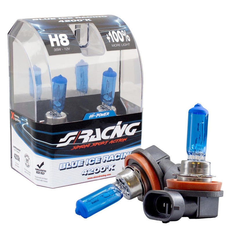 Simoni Racing, ampoules halogènes 'Blue Ice Racing' H8 - 4200K - 12V/35W, lot de 2 pcs. ECE-R37 homologué E