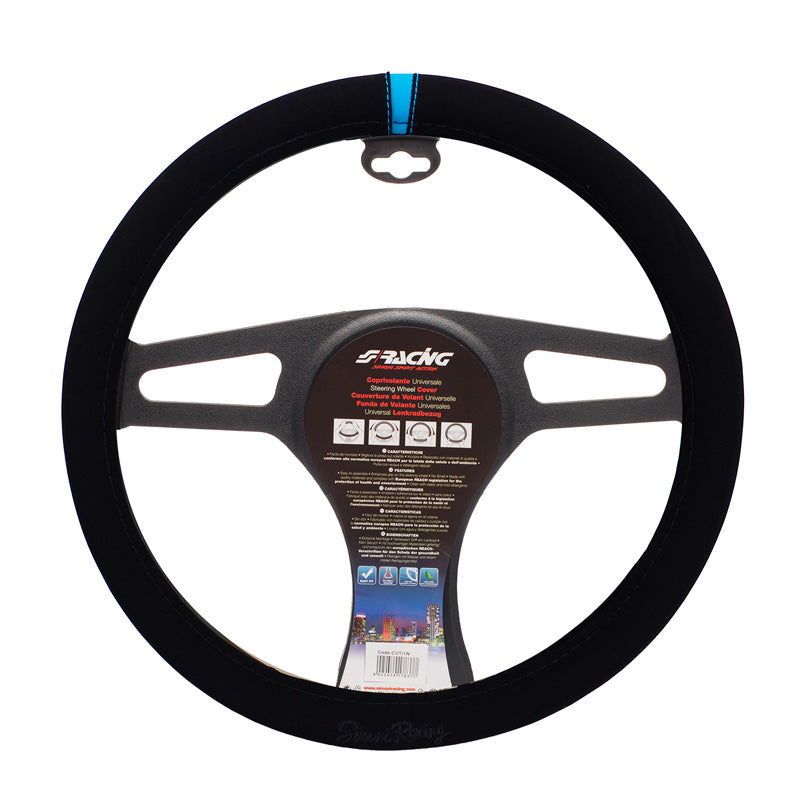 Simoni Racing, Carrera-look stuurwielhoes - zwarte microvezel met blauwe streep - 37-39cm
