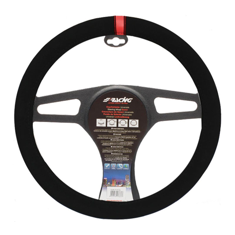 Simoni Racing, Carrera Look Steering Wheel Cover - Black Microfiber with Red Stripe - 37-39cm