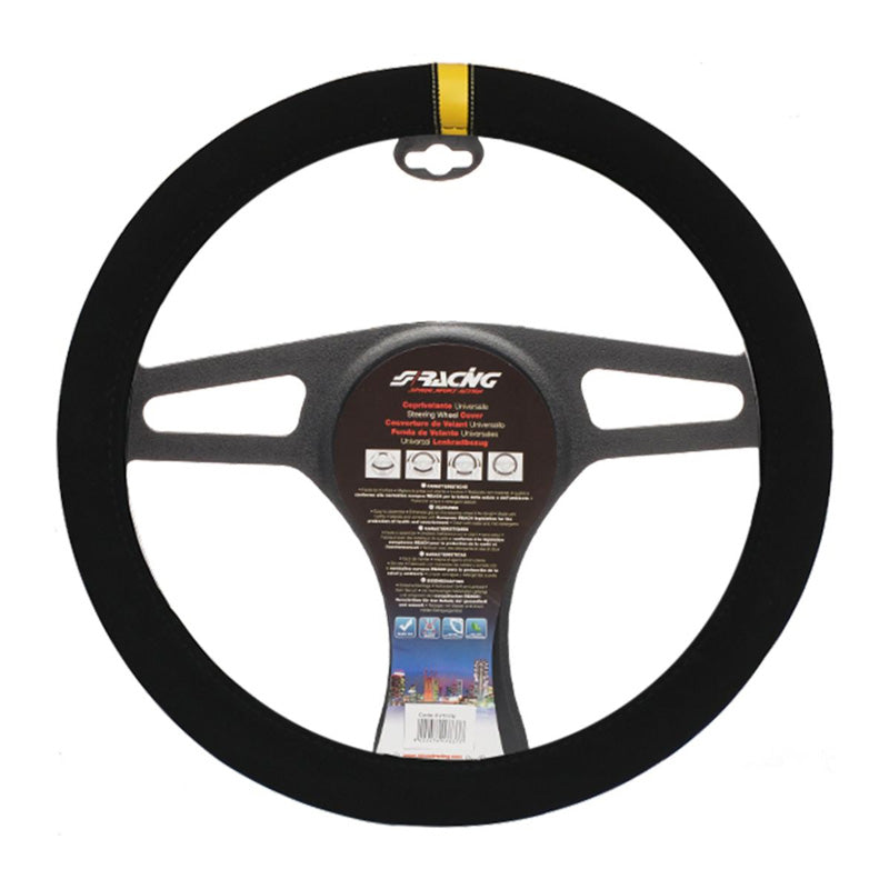Simoni Racing, Carrera Look Steering Wheel Cover - Black Microfiber with Yellow Stripe - 37-39cm