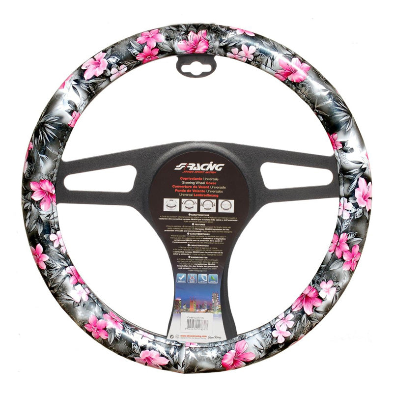Simoni Racing, Flower Steering Wheel Cover - Black Ecoleather/Pink - 37-39cm