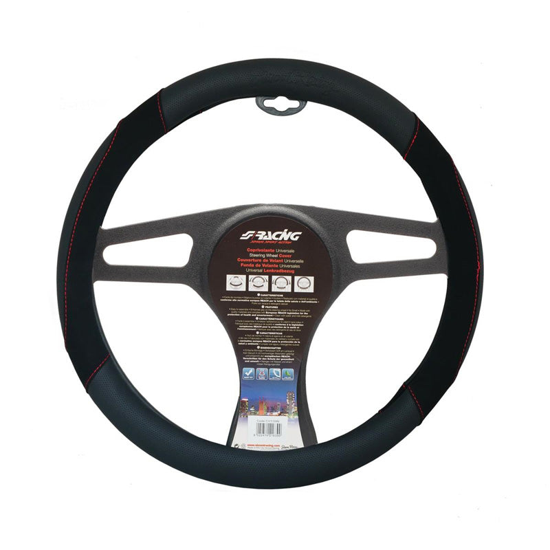 Simoni Racing, Leren stuurwielhoes - Zwart ecoleer met rode stiksels - 37-39cm