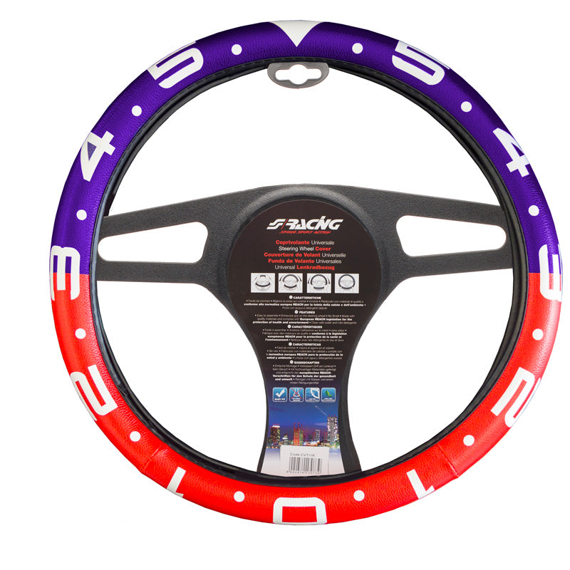 Simoni Racing, Leren stuurwielbeschermer met klok - Rood/Wit/Blauw - 37-39cm