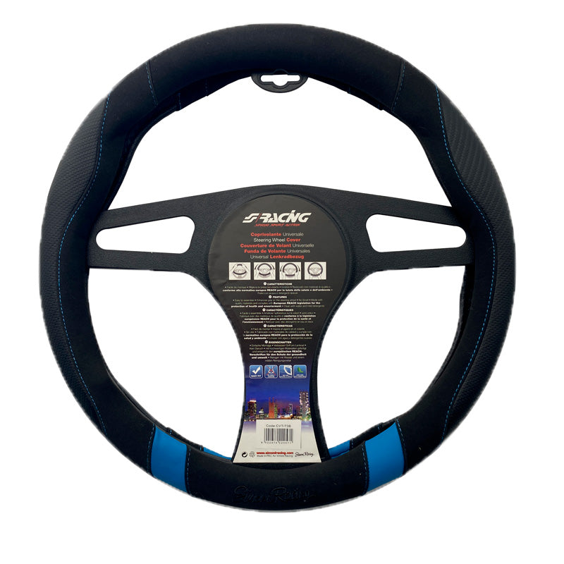 Simoni Racing, Sportstuurhoes - Zwart Ecoleather/Microvezel/Carbon Look met Blauwe Inzetstukken - 37-39cm