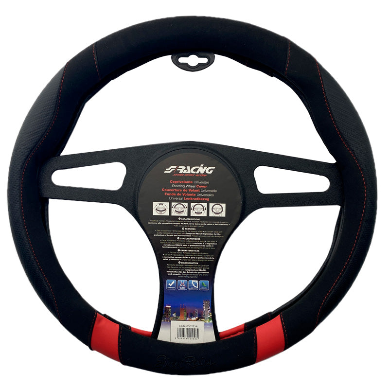 Simoni Racing, Comfort Steering Wheel Cover - Black Ecoleather/Microfiber/Carbon Look with Red Inserts - 37-39cm