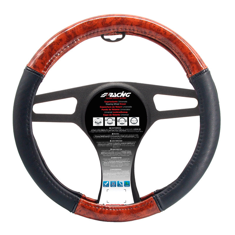 Simoni Racing, Steering Wheel Cover in Wood Look, Black ecoleather, Fits 37-39 cm